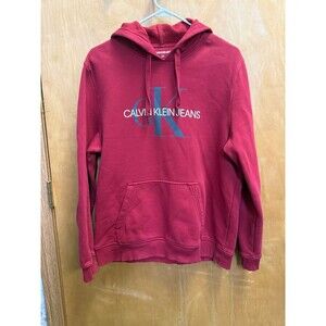 Calvin Klein Jeans CK Logo Hoodie Large Red Pullover Sweatshirt Mens